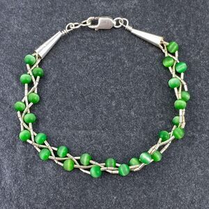 Sterling Liquid Silver 925 Cone Braided Green Synthetic Cat's Eye Bracelet 7"